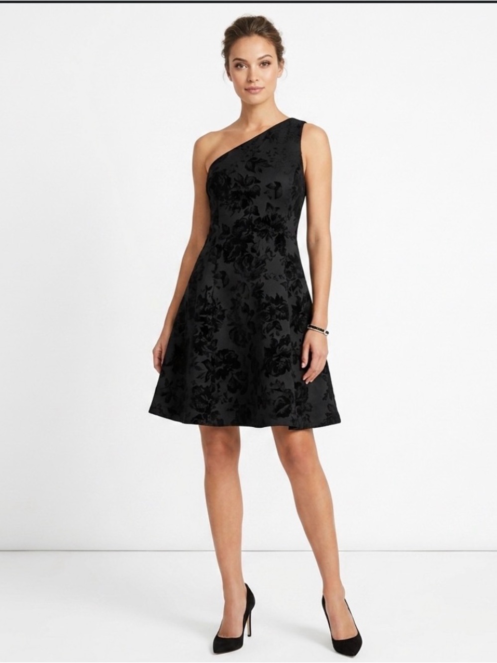 PROSECCO Floral Velvet One Shoulder Black Dress Size 10P